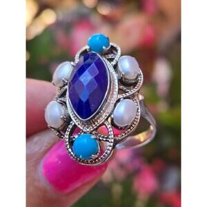 Vintage Nicky Butler Sterling Silver Pearl Lapis Turquoise Cluster Ring Size 11